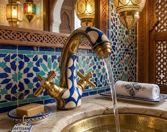 Handmade Moroccan Brass Faucet with Blue & White Resin Inlay