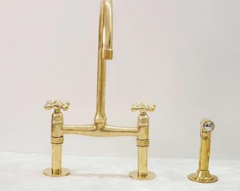 Unlacquered Brass Bridge Kitchen Sink Faucet with Side Sprayer and Drinking Water Tap