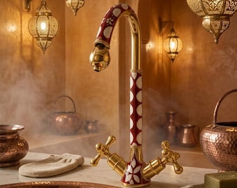 Handmade Moroccan Brass Faucet, Red Bone Inlay Basin Mixer Tap, Art Deco Vanity Hardware