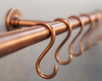 Custom Unlacquered Brass Pot Rail Rack with S Hooks