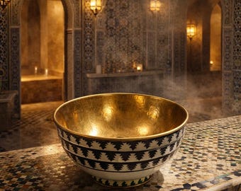 Golden Brass Vessel Sink, Black White Geometric Pattern, Moroccan Washbasin, Tribal Bathroom Sink