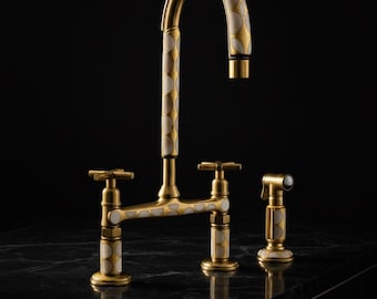 Moroccan Bridge Faucet – Unlacquered Brass with Bone & Gold Resin Inlay – 8" Widespread Tap