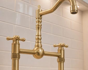 Luxury Handcrafted Brass Kitchen Faucet, Solid Brass Bridge Tap with Side Sprayer
