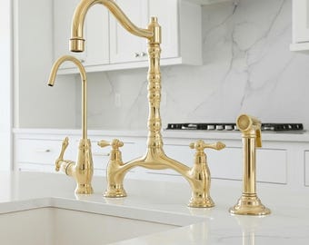 Luxury Unlacquered Brass Kitchen Faucet with Sprayer, Bridge Faucet Gold Finish, Farmhouse Sink Tap