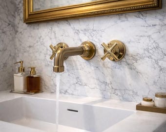 Handcrafted Solid Unlacquered Brass Wall Faucet, Vintage X Cross Handles, Bathroom Mixer Tap