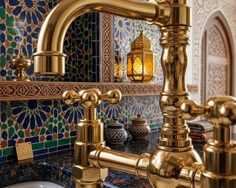 Antique Style Brass Bridge Faucet with Side Spray, Unlacquered Brass Kitchen Tap