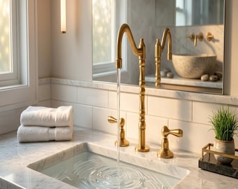 Brass Bathroom Faucet – 3 Hole Widespread Sink Faucet – Modern Gold Vanity Faucet
