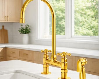 Bridge Kitchen Faucet with Side Sprayer | Vintage Solid Brass Sink Tap