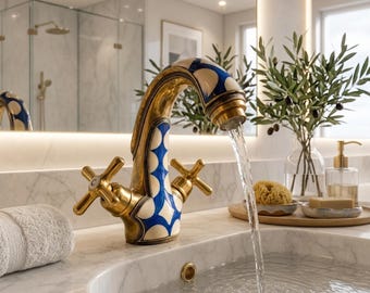 Unlacquered Brass Faucet, Moroccan Blue Patterned Vanity Tap