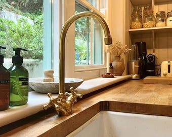Handmade Unlacquered Brass Bridge Kitchen Faucet: Gooseneck Design