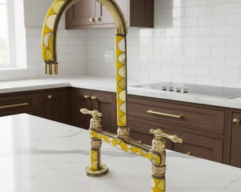 Luxury Artisan Kitchen Tap with Sprayer & Resin Inlay – Handcrafted Brass Bridge Kitchen Faucet