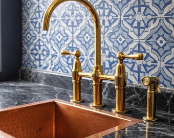 Unlacquered Brass Bridge Faucet – Linear Legs, 3-Hole Kitchen Faucet with Sprayer