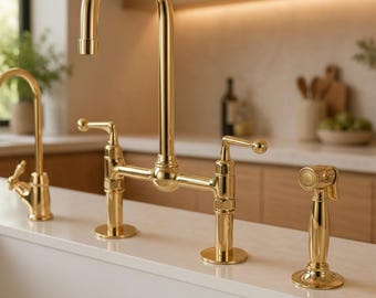 Unlacquered Brass Bridge Kitchen Faucet, Gold Farmhouse Sink Tap with Sprayer