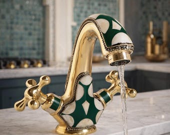 Handmade Moroccan Brass Faucet, Green Cream Mosaic, Polished Bohemian Sink Fixture