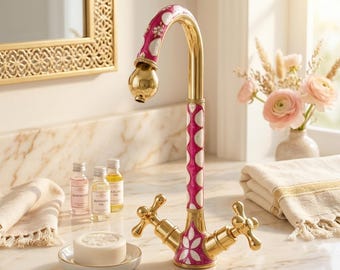 Luxury Gold & Pink Bone Inlay Bathroom Faucet | Moroccan Brass Sink Tap | Vintage Art Deco