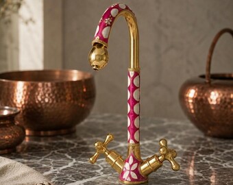 Handmade Moroccan Bone Inlay Brass Vanity Faucet – Luxury Pink Geometric Bathroom Tap