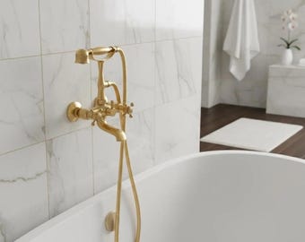 Solid Unlacquered Brass Exposed Bathtub Filler with Hand Shower – Wall Mounted Tub Filler