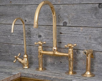 Unlacquered Brass Bridge Kitchen Faucet, Brass Tap