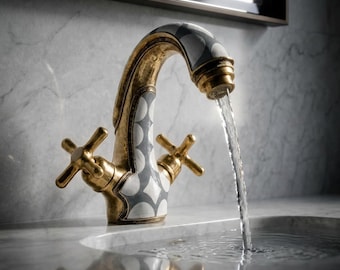 Unlacquered Brass Faucet, Moroccan Gray Patterned Vanity Tap