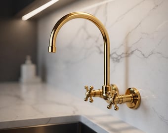Unlacquered Brass Wall Mount Faucet | Gooseneck Gold Kitchen Mixer Tap | Farmhouse Sink Fixture