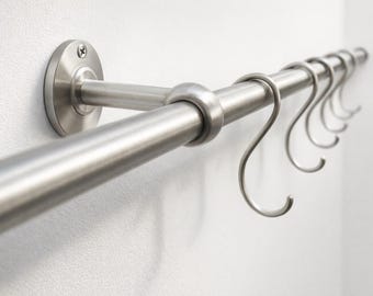 Stainless Steel Kitchen Rail with Brass S Hooks, Wall Mounted Organizer