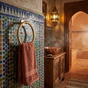 Op de afbeelding: Badkamer met een gouden handdoekring met een koraalkleurige handdoek. De muur is versierd met kleurrijke moza&iuml;ektegels. Een houten kast met een koperen wastafel en een hangende lantaarn maken de sc&egrave;ne compleet.