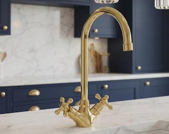Handmade Unlacquered Brass Bridge Kitchen Faucet: Gooseneck Design