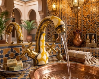 Unlacquered Brass Faucet, Moroccan Yellow Patterned Vanity Tap