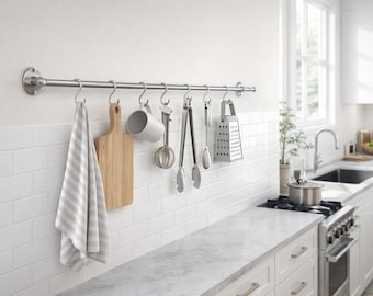 Stainless Steel Kitchen Rail with Brass S Hooks, Wall Mounted Organizer