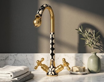 Luxury Gold & Black Bone Inlay Bathroom Faucet | Moroccan Brass Sink Tap | Vintage Art Deco