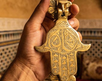 Moroccan Brass Hand of Fatima Door Knocker: Handmade Kamsa Decor
