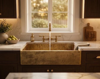 Handmade Unlacquered Brass Farmhouse Sink, Apron Front Single Bowl, Living Patina