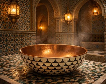 Handcrafted Hammered Copper Vessel Sink with Natural Wood Vanity Top, Rustic Bathroom Sink Set