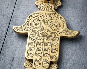 Moroccan Brass Hand of Fatima Door Knocker: Handmade Kamsa Decor