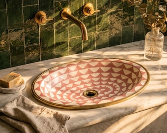 Luxury Resin Bathroom Sink, Geometric Oval Wash Basin, Brass Trim Sink