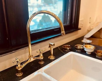 Unlacquered Brass Bridge Kitchen Faucet with Sprayer