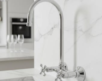 Unlacquered Brass Wall Mount Faucet | Gooseneck Sliver Kitchen Mixer Tap | Farmhouse Sink Fixture