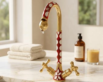 Luxury Gold & Red Bone Inlay Bathroom Faucet | Moroccan Brass Sink Tap | Vintage Art Deco