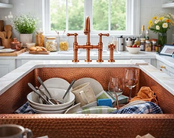 Fregadero de cobre Marrakech, hecho a mano, marroquí, grifos de latón, fregadero rústico