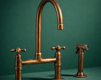 Handcrafted Unlacquered Copper Bridge Kitchen Faucet with Sprayer, Vintage Style