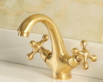 Unlacquered Brass Bathroom Faucet, Single Hole, Deck Mount, Bathroom Sink Tap