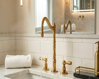 Unlacquered Brass Bathroom Faucet – 3 Hole Widespread Sink Faucet – Modern Vintage Gold Faucet