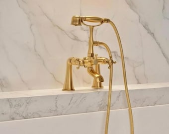 Unlacquered Brass Deck Mount Tub Faucet with Hand Shower