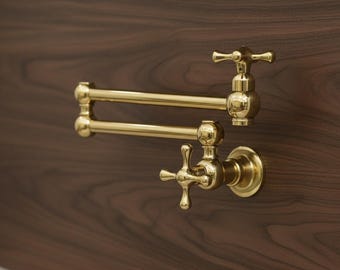Handcrafted Unlacquered Brass Pot Filler Faucet, Vintage Style Kitchen Sink