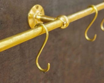 Unlacquered Brass Pot Rack with S Hooks: Wall Mounted Kitchen Rail