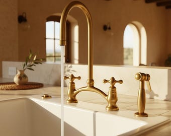 Brass Kitchen Faucet Bridge Style with Side Sprayer, Vintage Gold Farmhouse Sink Faucet