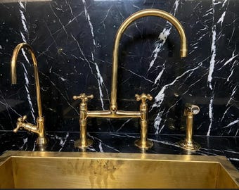 Unlacquered Brass Bridge Kitchen Faucet, Vintage Style