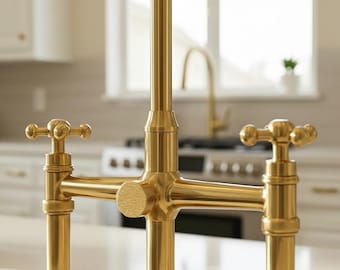 Handmade Unlacquered Brass Bridge Faucet, Antique Style Kitchen Faucet, Side Sprayer