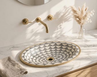 Unlacquered Brass Faucet & Resin Inlaid Sink | Moroccan Vanity Set