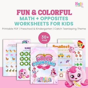 以下が含まれることがあります： 子供向けのカラフルな算数と反対語のワークシートのコレクション。 ワークシートは未就学児と幼稚園児向けに設計されており、「Catch Teenieping」をテーマにしています。 画像には「Fun & Colorful Math + Opposites Worksheets for Kids」というテキストが含まれています。